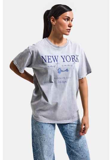 Itsbasic Kadın Antrasit S6-13 Oversize New York Baskılı T-shirt