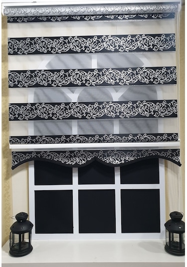 Zebra Stor Perde Siyah Sarmaşık Desen Gümüş Simli Etek Dilimli Stb9300 V 03