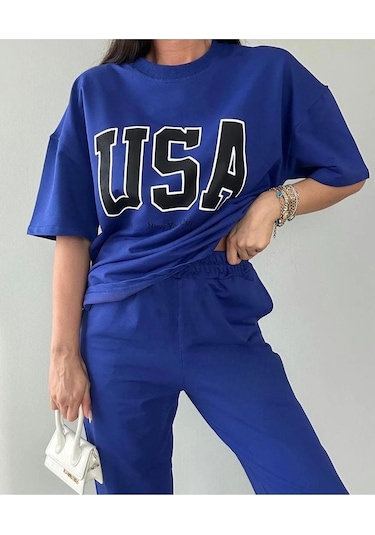 Usa T-shirt Eşofman Altı Jogger- Mavi Baskılı Alt Üst Eşofman Takım Oversize Bisiklet Yaka Mavi