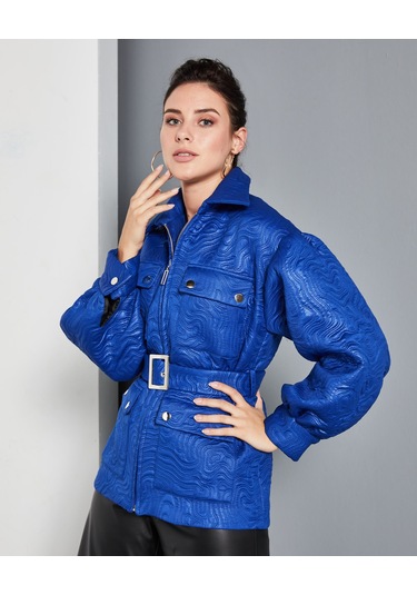 Kısa Kadın Mont - Cepli Ve Kemerli - Modern Ve Şık Tasarım - Günlük Ve Özel Gün İçin Mont Saks Saks Mavi