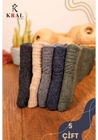 Kral Çorap Termal Etkili Lambswool Kışlık Kadın - Erkek Yün Çorap 5'li Çok Renkli