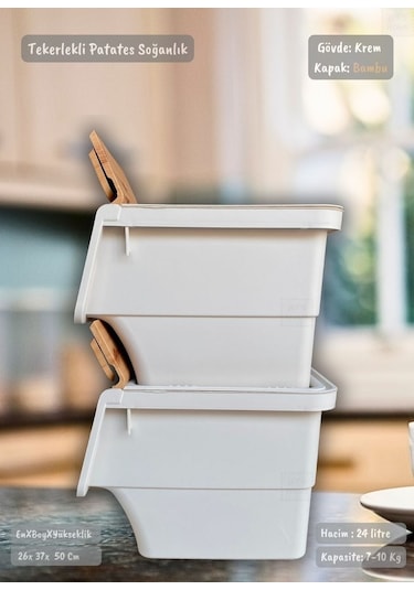 2'li Bambu Patates Soğan Sepeti Tekerlekli Kapaklı Havalandırmalı 24 Litre Sebzelik Organizer