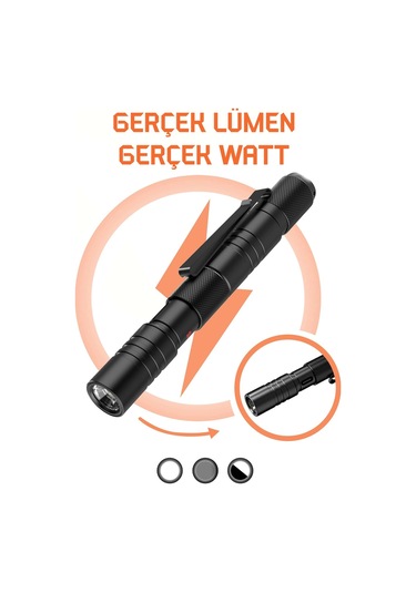 3 Mod Şarjlı Led Kalem Tipi El Feneri Zoomlu Flaşörlü Polis Feneri 5 Watt Beyaz Işık 300 Lümen Siyah