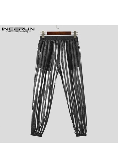 Incerun Erkek Yazlık Fileli Şeffaf Pantolon Yazlık Çizgili Uzun Pantolon Siyah