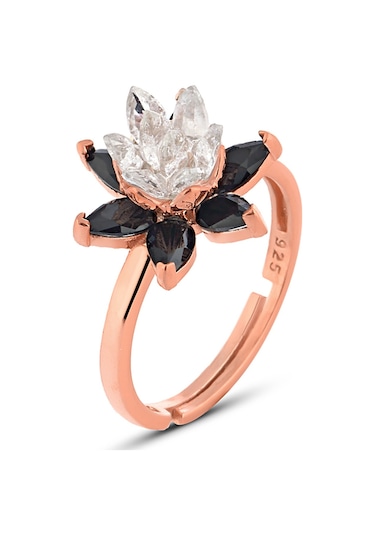 Zanaatsilver 925 Ayar Gümüş Siyah Taşlı Rose Lotus Nilüfer Çiçeği Yüzük