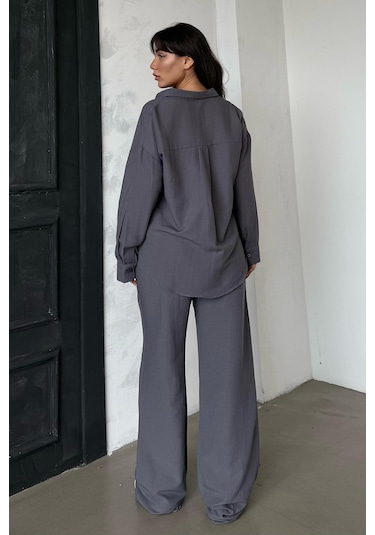 Madmext Füme Keten Kadın Gömlek Pantolon İkili Takım Mg2356 Füme