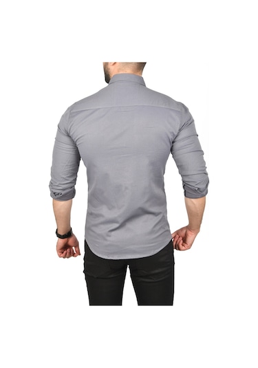 Deepsea Erkek Füme Slim Fit Dar Kesim Pamuklu Spor Gömlek Çıtçıtlı Likralı Gabardin Gömlek 2300421 Füme