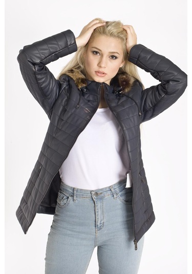 Bayan Kapşonlu Şişme Deri Mont Siyah