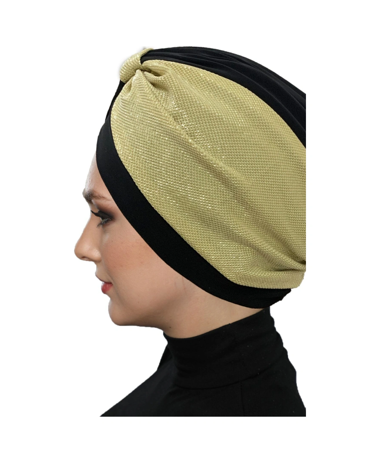 Özel Tasarım Siyah Üzeri Altın Pike Desenli Astarlı Hazır Türban Tesettür Abiye Bone Siyah3