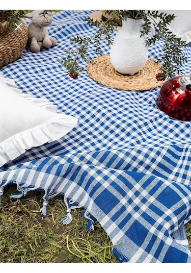 Çok Amaçlı Sofra Bezi & Piknik Örtüsü & Masa Örtüsü Ekose Pötikare Desenli Mavi
