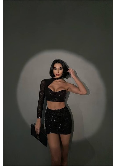 Neşeli Butik Kadın Siyah Mini İkili Payet Takım Nbdf096 Siyah