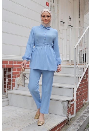 Taş Düğme Detaylı Takım Bebe Mavisi Bebemavisi Bebek Mavisi
