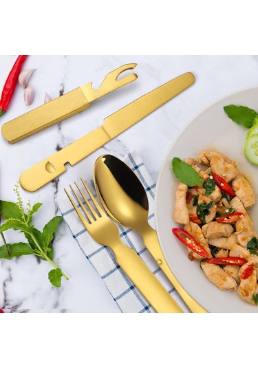 Piknik Gümüş Eşya Altın Kamp Çatal Bıçak Kaşık Şişe Açacağı 4 Parça Çatal Bıçak Takımı Alet Seti Açık Hava Mutfağı Günlük Kullanım İçin Katlanabilir Kolay Temizlenir Diğer