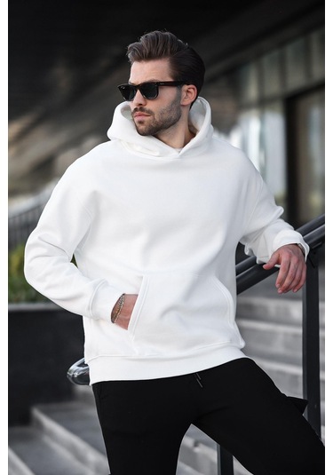 Ekru Kapüşonlu Kanguru Cep Erkek Sweatshirt E7169 Ekru