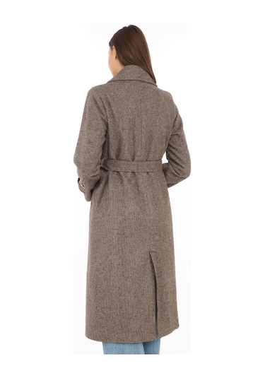 Kadın Balık Sırtı Yünlü Dokuma Kaşe Kaban Kruvaze Yaka, Kuşaklı, Cepli, Astarlı Uzun Boy Tesettür Vizon