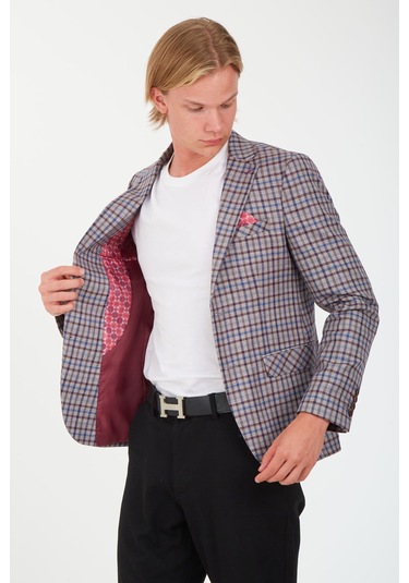 Sposo 5138 Dar Kalıp Kare Desenli Bordo Erkek Blazer Ceket Bordo