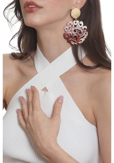 Labalaba Kadın Çivili Model Akrilik Tasarım Büyük Küpe Kahverengi - Altın