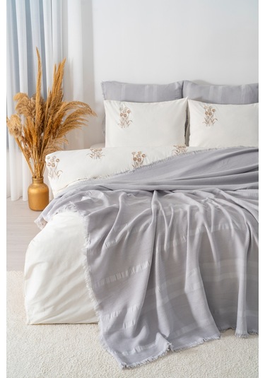 Amara Taş Nakışlı Çift Kişilik %100 Pamuklu Nevresimli Pike Seti - 7 Parça Çeyiz Seti Taş