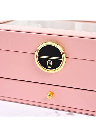 Dışı Deri İçi Kadife Kilitli Çekmeceli Takı Bijuteri Mücevher Kutusu Organizer Düzenleyici Pembe İth