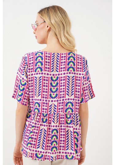 Kadın Desenli Kısa Kol Bluz 969 - Fuşya FUŞYA