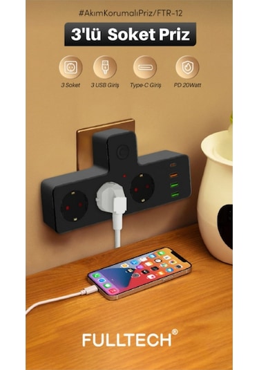 Termal Akım Korumalı Isıya Dayanıklı 3'lü Priz 3x Usb 1x Type-c