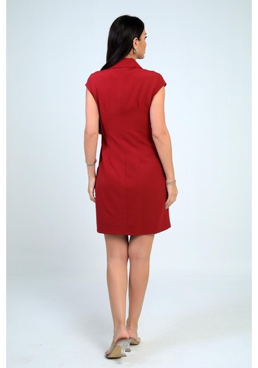 Kadın Kruvaze Yaka Toka Detaylı Eteği Pileli Likralı Krep Elbise-41676 Bordo
