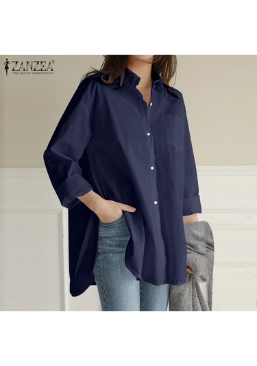 Lacivert Zanzea Vintage Kadın Yaka Boyun Düğmesi Ön Tunik Gömlek Gevşek Rahat Uzun Kollu Düzensiz Bluz Üstleri L Lacivert