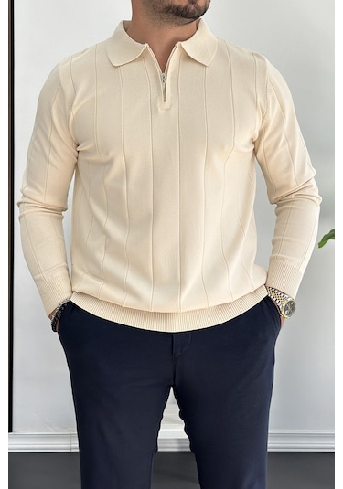 Erkek Yarım Fermuarlı Polo Yaka Mevsimlik Kazak Krem Edw195 Krem