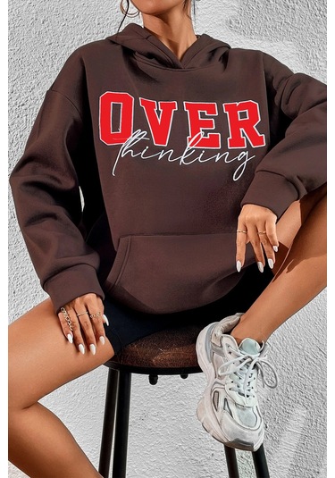 Over Thinking Baskılı Sweatshirt Kahverengi