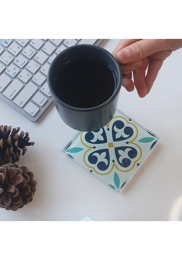 Decorita Cam Bardak Altlığı|Modern Çini Desen|4'lüTakım|10cmx10cm Çok Renkli