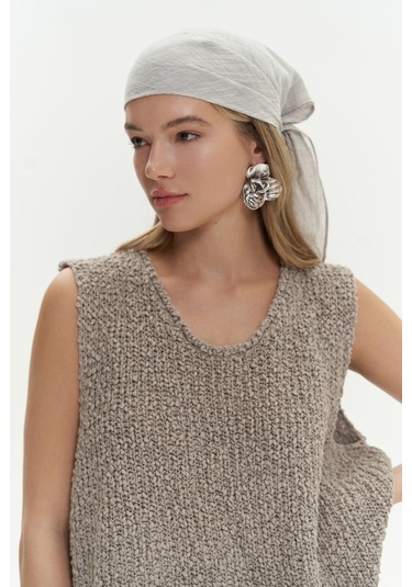 Peony Çizgi Detay Füme Keten Fular Füme