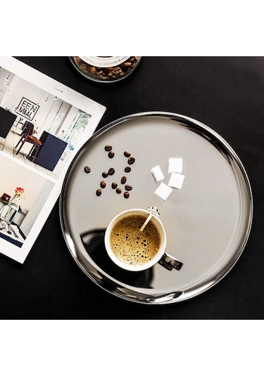 Tepsi 28 Cm Paslanmaz Çelik Yuvarlak Gümüş Saklama Tepsisi Sabit Düz Tabanlı Kaymaz Kolay Yıkanabilir Gıda Tepsisi