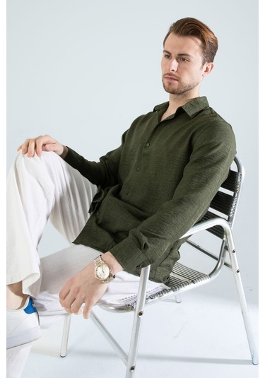 Rahat Kesim Keten Dokulu Gömlek Haki