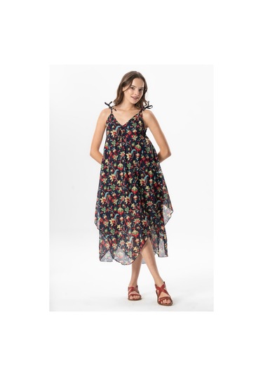 Askılı Vual Afrodit Midi Boy Yazlık Elbise Sarmaşık Lacivert 6224 Sarmaşık Lacivert