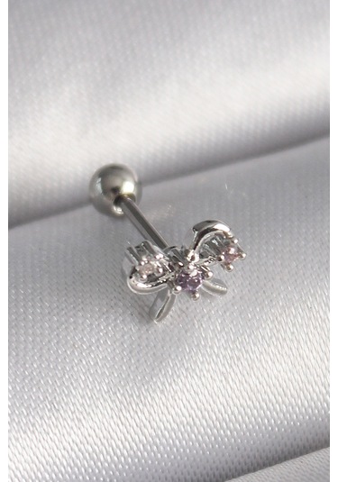 316l Çelik Gümüş Renk Zirkon Taşlı Kurdele Tragus Piercing