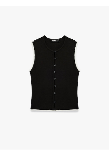 Koton Renk Kontrast Detaylı Düğmeli Bisiklet Yaka Triko Yelek Siyah 6wak30026ht Siyah