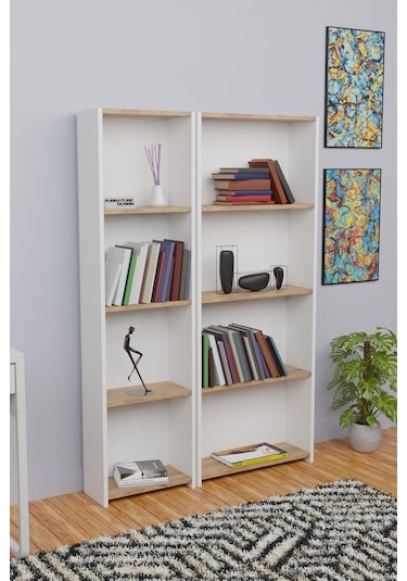 5 Raflı Arkalıklı Kitaplık Seti 1 Dar 1 Geniş 170cm Beyaz - A.çam
