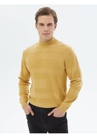Sarı Yarım Balıkçı Yaka Jakarlı Yün Karışımlı Triko Sarı