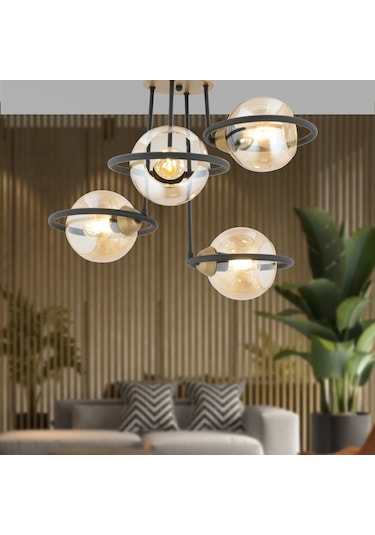 Becca 4'lü Siyah Eskitme Bal Camlı Modern Oturma Odası Salon Avize Siyah