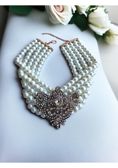 Zirkon Taşlı Choker Tasma Inci Kolye Beyaz