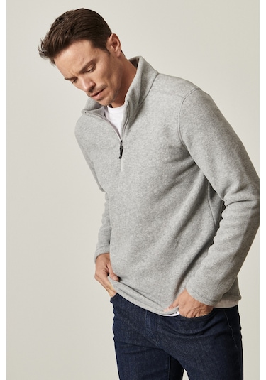AC&Co / Altınyıldız Classics  Erkek Grı Anti-pilling Tüylenme Yapmayan Standart Fit Dik Yaka Polar Sweatshirt Grı Gri