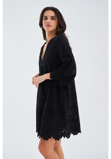 Peraluna Hiromi Dress %100 Pamuk 3/4 Kol Diz Hizası Yazlık Kadın Siyah