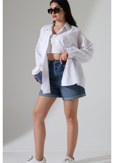 Gömlekçiniz Oversize Poplin Kumaş Çift Cepli Kadın Tunik Gömlek