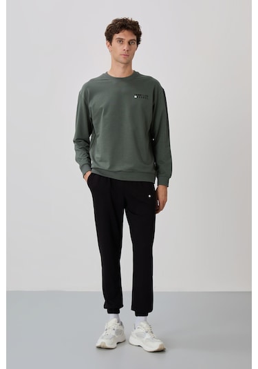 Tommy Life Çağla - Siyah Casual O Yaka Lastik Paça Pamuklu Erkek Oversize Eşofman Takımı - 85120 Yeşil - Siyah