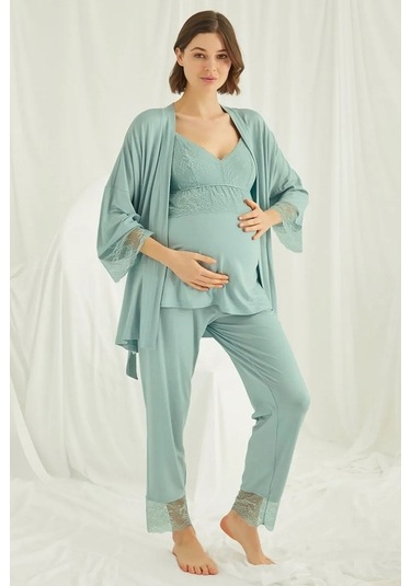 Monamise 18469 Hamile Lohusa Sabahlıklı Pijama Takımı-yeşil