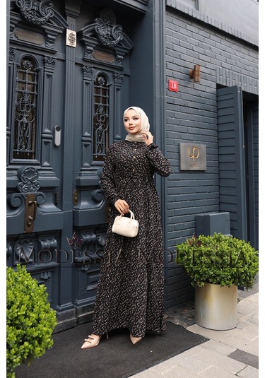 Kadın Siyah %100 Viskon Pamuklu Belden Bağlamalı Çiçek Desen Kat Kat Elbise V9539 Siyah