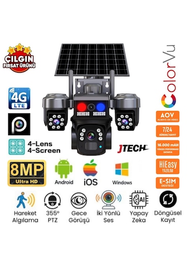 Jtech J7plus 4kamera 8mp Hd Aov Esim 4g Solar Ptz Akıllı Kamera