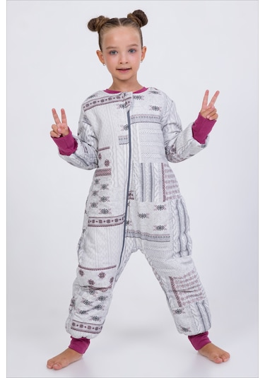 Kız Erkek Çocuk Kalın Elyaf Dolgulu Premium Kalite 2.5 Tog Desenli Uyku Tulumu Gri - Gülkurusu
