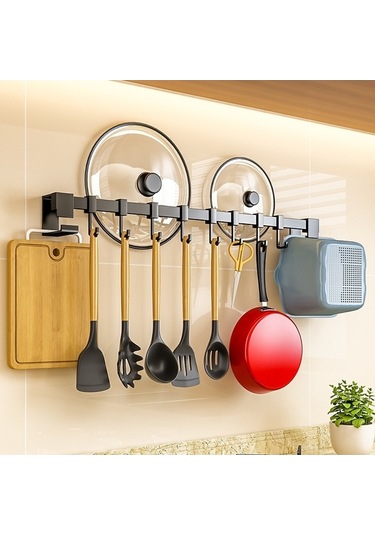 Trendooze Mutfak Asma Çubuğu, Delme Gerektirmeyen Siyah Kanca Rafı, Duvara Monte Kaşık Özel Kancası, Mutfak Gereçleri Rafı, Karbon Kristal Siyah - Mutfak Rayı Kancası 50cm Siyah Fp Siyah