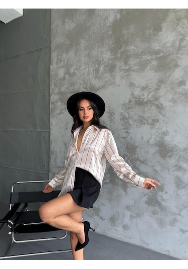 Kadın Oversize Ekru Renk Camel İnce Çizgili Detaylı Saten Gömlek-camel Camel